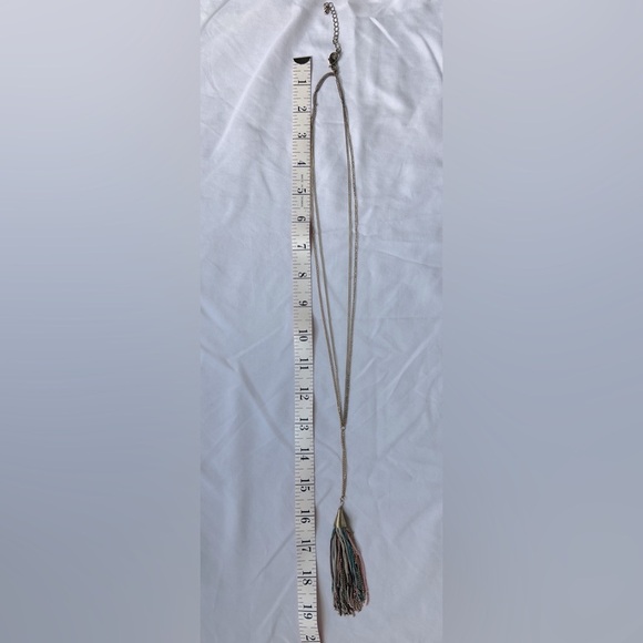 Gold tone long necklace with multi-color tassel - Picture 7 of 8